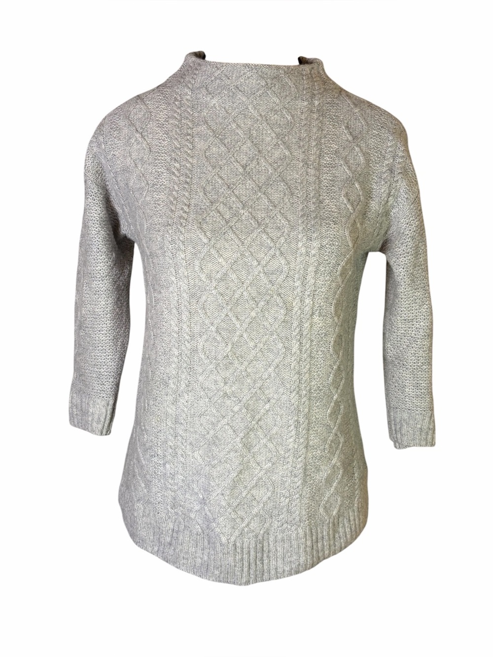 Talbots 100% Pure Cashmere Grey Cable Knit Mock Neck Sweater 3/4 Sleeve Petite S